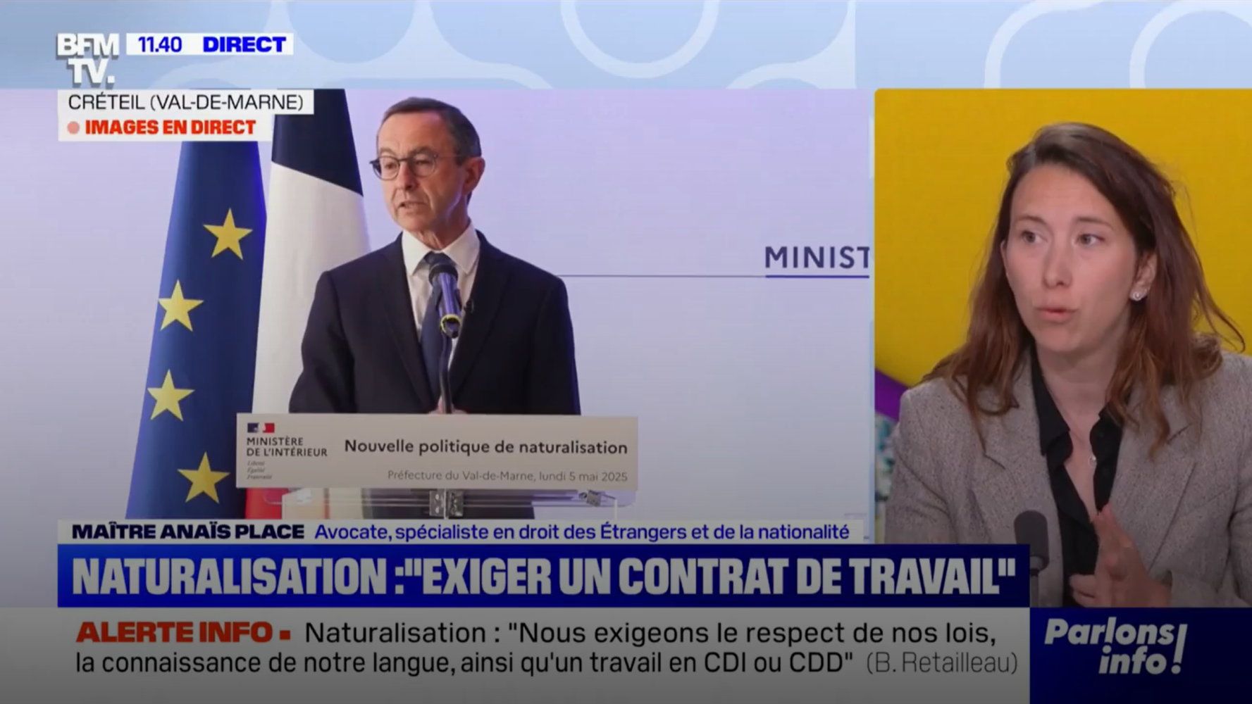 Maître Anaïs PLACE invitée de l’émission PARLONS INFO ! sur BFM TV, au sujet de la circulaire du Ministre de l’Intérieur sur les Naturalisations